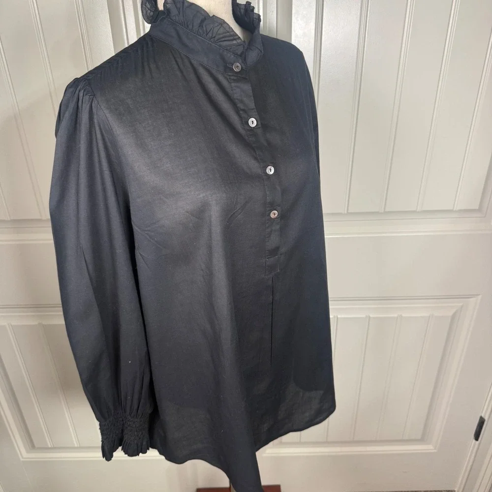 Tuckernuck Blouse M (est) Black Cotton Ruffle Puff Sleeve Coastal Victorian